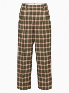 Aritzia EFFORTLESS TALL CROP PANT in Marisol Beige Tan and Maroon Plaid